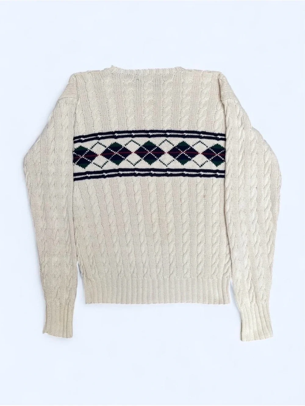Vintage Polo Ralph Lauren Men's Cream Cable Knit Argyle Sweater academia teacher